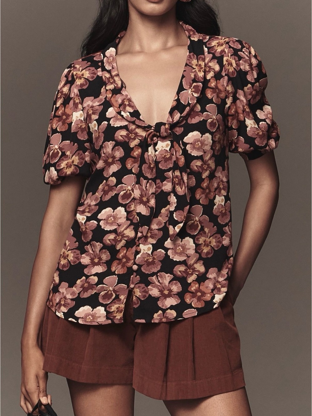 NWT Reformation Joelle Floral Tie-Neck Puff Sleeve Top in Rose on Black